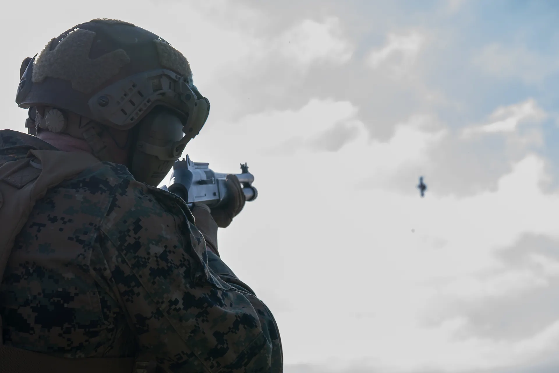 Marine in full kit conducting C-UAS test during Warfighter Ready range day